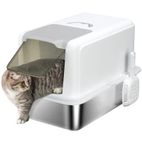 PawHut Stainless Steel Cat Litter Box w/ Removable Lid & Scoop, for Small to Large Cats, Easy to Clean, White(m-9)