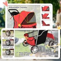 PawHut Pet Stroller with Reflective Strips, Foldable Cat Stroller with 360° Swivel Wheels for Small Dogs and Cats, Red(m-6)