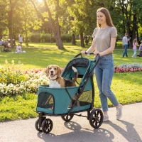 PawHut 3 Wheel Pet Stroller with Easy One-Click Quick Fold, Mesh Window, Washable Cushion, for Medium Dogs, Dark Green(m-2)