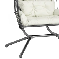 Outsunny Double Wicker Egg Swing Chair with Stand, Foldable Hanging Egg Chair with UV Resistant Cushion, Headrest, Cream White(m-10)