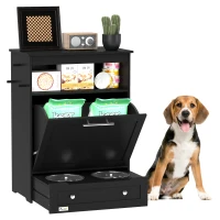 PawHut Pet Feeder Station Storage Cabinet, Dog Food Storage Container with Dog Raised Bowls, Watering Supplies, Black(m-9)