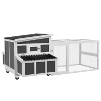 PawHut Wooden Chicken Coop, Rabbit Hutch with Large Run, Outdoor Poultry Cage with Nesting Box, Tray, Windows, Dark Grey(m-2)