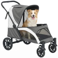 PawHut Foldable Pet Stroller for Medium Dogs with Four Big Wheels, Shock-Absorbing Frame, Safety Leashes, Brakes, Dark Grey(m-9)