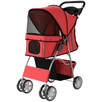 PawHut Pet Stroller with Reflective Strips, Foldable Cat Stroller with 360° Swivel Wheels for Small Dogs and Cats, Red(m-2)