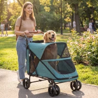 PawHut Dog Stroller Easy Fold Pet Stroller for Large Dogs Up to 66lbs with 4-Wheel Shock Absorption & One-Foot Brake Turquoise(m-1)