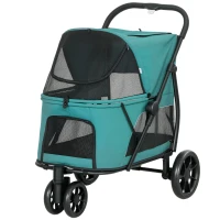 PawHut 3 Wheel Pet Stroller with Easy One-Click Quick Fold, Mesh Window, Washable Cushion, for Medium Dogs, Dark Green(m-1)
