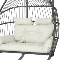 Outsunny Double Wicker Egg Swing Chair with Stand, Foldable Hanging Egg Chair with UV Resistant Cushion, Headrest, Cream White(m-9)