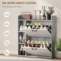 HOMCOM Shoe Cabinet with 2 Flip Drawers, 3 Side Compartments, Adjustable Shelves, 8-12 Pairs for Entryway Hallway, Grey(m-4)