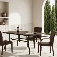 Outsunny Steel Frame 59 Inch Outdoor Dining Table for Six with Parasol Hole, Wood Grain Tabletop, for Backyard, Garden, Brown(m-1)