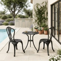 Outsunny 3 Pieces Antique Outdoor Bistro Set Cast Aluminum Patio Table and Chairs with Umbrella Hole, Black(m-1)