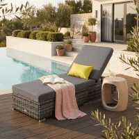 Outsunny Patio Wicker Lounger, Outdoor PE Rattan Single Chaise Lounge w/Adjustable Recliner Backrest, Cushion, & Pillow, Grey(m-1)