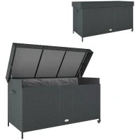 Outsunny 165 Gallon Deck Box, Wicker Outdoor Patio Storage Box with Waterproof Liner, Gas Strut and Universal Wheels, Black(m-9)