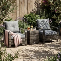 Outsunny 3 Pieces Wicker Patio Furniture Set, Rattan Bistro Set with Storage Coffee Table and Thickened Cushions, Outdoor Conversation Set for Garden, Porch, Balcony, Grey(m-1)