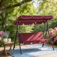 Outsunny 3-Seater Outdoor Swing with Adjustable Canopy, Patio Swing Chair for Garden, Poolside, Backyard, Wine Red(m-1)