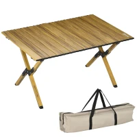 Outsunny 3ft Low Height Folding Camping Table, Roll-Up Aluminum Picnic Table with Carry Bag, Waterproof & Woodgrain Finish, Portable Table for Travel, BBQ, Beach, or Hiking(m-1)