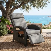 Outsunny Wicker Recliner Chair with Adjustable Backrest and Footrest, Washable Cushion, Side Tray, Light Grey(m-1)