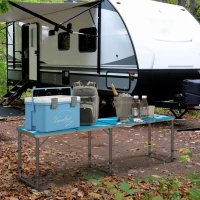 Outsunny Aluminum Camping Table with Adjustable Legs, 8ft Folding Picnic Table for Travel, BBQ, Beach or Hiking, Blue & White(m-2)