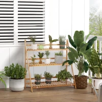 Outsunny 3-Tier Plant Stand, Plant Shelf Rack, Folding Bamboo Display Stand, 98x37x96.5cm, Natural(m-1)