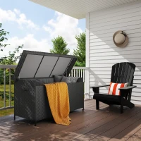 Outsunny 165 Gallon Deck Box, Wicker Outdoor Patio Storage Box with Waterproof Liner, Gas Strut and Universal Wheels, Black(m-1)