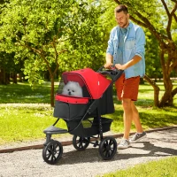 PawHut 3 Wheel Folding Dog Stroller, Travel Carrier with Adjustable Canopy, Storage Brake, Mesh Window for S&M Dogs, Red(m-1)