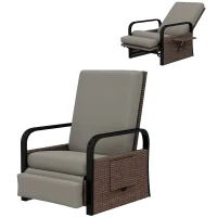 Outsunny Wicker Outdoor Recliner Chair, Reclining Lounge Chair with Adjustable Backrest, Footrest and Side Tray, Light Grey(m-9)