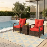 Outsunny 3 Pieces Wicker Patio Furniture Set, Rattan Bistro Set with Storage Coffee Table and Thickened Cushions, Outdoor Conversation Set for Garden, Porch, Balcony, Red(m-1)