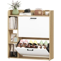 HOMCOM Shoe Cabinet with 2 Flip Drawers, 3 Side Compartments, Adjustable Shelves, 8-12 Pairs for Entryway Hallway, Natural(m-2)