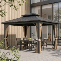 Outsunny 10' x 12' Hardtop Gazebo, Sun Shelter with Double Tier Metal Roof, Mosquito Netting, and Hanging Hook, Dark Brown(m-1)