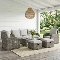 Outsunny 6 Pieces Patio Furniture Set, Conversation Set Wicker Sectional Set Cushioned Outdoor Rattan 3-Seat Sofa, 2 Adjustable Recliners, 2 Footstools & Table Set for Lawn Garden Backyard, Light Grey(m-1)