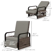 Outsunny Wicker Outdoor Recliner Chair, Reclining Lounge Chair with Adjustable Backrest, Footrest and Side Tray, Light Grey(m-3)