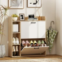 HOMCOM Shoe Cabinet with 2 Flip Drawers, 3 Side Compartments, Adjustable Shelves, 8-12 Pairs for Entryway Hallway, Natural(m-8)