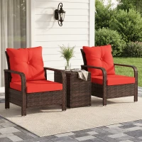 Outsunny 3 Pieces Wicker Patio Furniture Set, Rattan Bistro Set with Storage Coffee Table and Thickened Cushions, Outdoor Conversation Set for Garden, Porch, Balcony, Red(m-8)