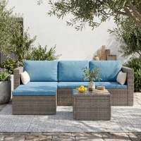 Outsunny 3-Piece Patio Furniture Set Modern Sectional Sofa Rattan Chair Wicker Conversation Set Outdoor Hand Woven Rattan Wicker Furniture Patio Coffee Table Sofa Set, Blue(m-1)