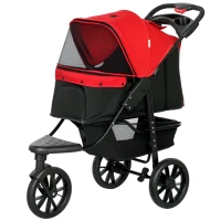 PawHut 3 Wheel Folding Dog Stroller, Travel Carrier with Adjustable Canopy, Storage Brake, Mesh Window for S&M Dogs, Red(m-2)