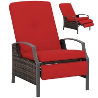 Outsunny Outdoor Rattan Recliner Chair, Wicker Reclining Chair with Adjustable Back Retractable Footrest Cushion Wine Red(m-9)