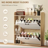 HOMCOM Shoe Cabinet with 2 Flip Drawers, 3 Side Compartments, Adjustable Shelves, 8-12 Pairs for Entryway Hallway, Natural(m-4)