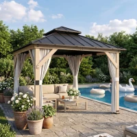 Outsunny 10 x 10 Hardtop Gazebo with Curtains, Wood Patio Gazebo with Double Steel Roof, Hook, Light Grey(m-9)