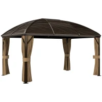 Outsunny 10' x 13' Hardtop Gazebo Aluminum Outdoor Canopy with Mesh Nettings, Curtains, Brown(m-10)
