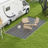 Outsunny Reversible Outdoor Rug, Waterproof Plastic Straw RV Rug with Carry Bag, 9' x 18', Black and White Clover(m-8)