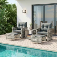 Outsunny 5 Piece Patio Furniture Set, Wicker Patio Chairs with Ottomans, 2-Tier Glass Coffee Table and Cushions, Grey/Dark Grey(m-8)