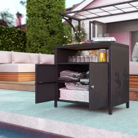 Outsunny Outdoor Storage Cabinet with Acacia Wood Top, Two Doors, Shelf, Wicker Bar Table for Pool Towel Storage, Black(m-10)