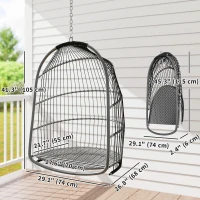 Outsunny Hanging Egg Chair, Foldable Rattan Garden Swing Chair with Installation Kit, Thickened Cushion and Headrest, Dark Grey(m-3)