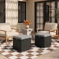 Outsunny 2 Pieces Wicker Outdoor Ottoman with Storage, Cushion, Square Outdoor Footstool, Seating, Side Table, Light Grey(m-1)