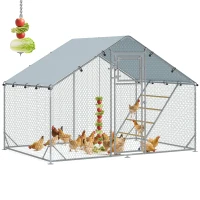 PawHut Large Metal Chicken Run with Waterproof & UV-Resistant Cover, Feeding Door, Hanging Feeder, Perch for 6-8 Chickens(m-9)