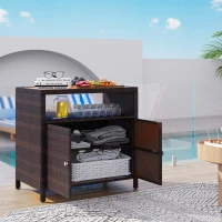 Outsunny Outdoor Storage Cabinet with Acacia Wood Top, Two Doors, Shelf, Wicker Bar Table for Pool Towel Storage, Brown(m-2)