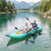 Outsunny 12'6"x37" Inflatable Kayak 2-Person, 2-Person Kayak Set with 2 Aluminum Paddles, Seats and Fins, Yellow&Grey(m-1)
