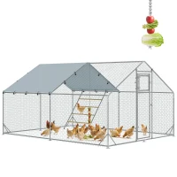 PawHut Large Metal Chicken Run with Waterproof & UV-Resistant Cover, Feeding Door, Hanging Feeder, Perch for 12-18 Chickens(m-9)