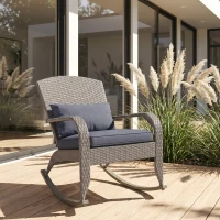 Outsunny Adirondack Chair, Outdoor Wicker Rocking Chair with High Back, Seat Cushion and Pillow for Porch, Balcony, Grey(m-1)