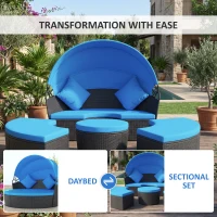 Outsunny 4-piece Outdoor Daybed with Retractable Canopy,  Wicker Outdoor Sofa with Cushions and Pillows Blue(m-7)