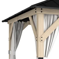 Outsunny 10 x 10 Hardtop Gazebo with Curtains, Wood Patio Gazebo with Double Steel Roof, Hook, Light Grey(m-12)